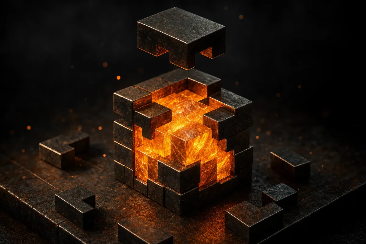 Cubo de mineral incandescente sendo montado a partir de blocos metálicos entrelaçados